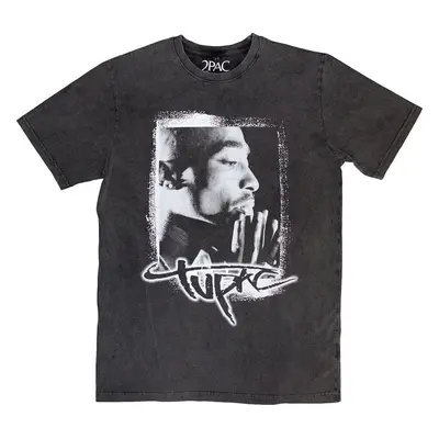 2Pac T-Shirt Spray Photo Stone Wash Unisex Charcoal Grey