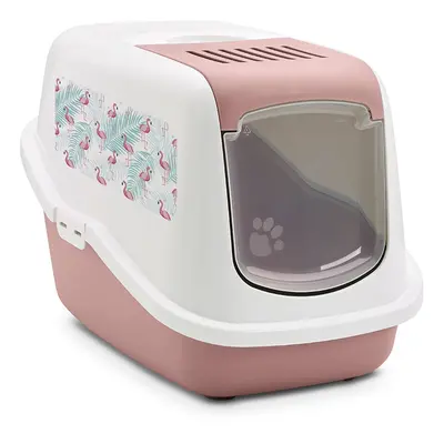 Savic Nestor Cat Litter Tray with Flamingo Design - Pink & White with Flamingo Print