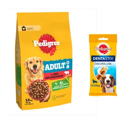 12kg Pedigree Dry Dog Food + Daily Oral Care Dog Treats - Special Bundle! * - Adult Beef & Veget