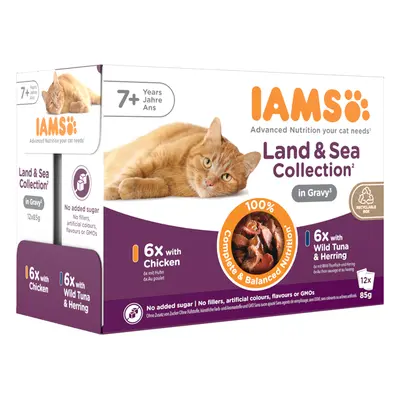 48 x 85g IAMS Cat food wet pouches - 36 + 12 Free! * - Senior Land & Sea Collection in Gravy (48