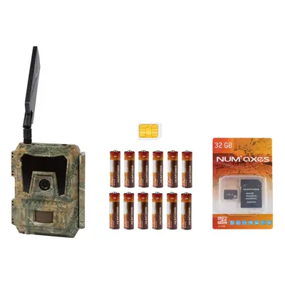 Camera trap + 12 AA batteries + 1 32 GB memory card + 1 sim card Num'axes