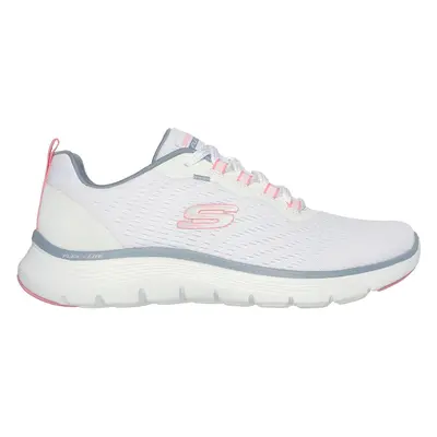 Skechers Women's Flex Appeal 5.0 Sneaker in White/Pink/Blue | Textile/Synthetic, Vegan, Machine 