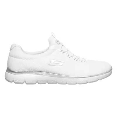 Skechers Women's Summits Sneaker in White/Silver, Size | Textile/Synthetic, Vegan, Machine Washa