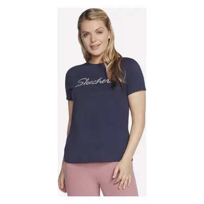 Skechers Women's Metallic Logo T-Shirt in Navy Blue, Size Medium | Cotton/Polyester