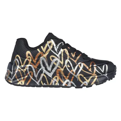 Skechers Girls x JGoldcrown: Uno Lite - Metallic Love Sneaker in Black/Gold, Size | Synthetic, M