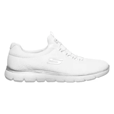 Skechers Women's Summits Sneaker in White/Silver, Size | Textile/Synthetic, Vegan, Machine Washa