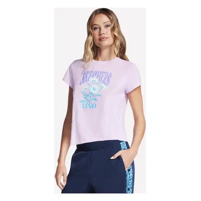 Skechers Women's Uno Classic Fit Flower T-Shirt in White/Purple, Size Medium | Cotton/Polyester