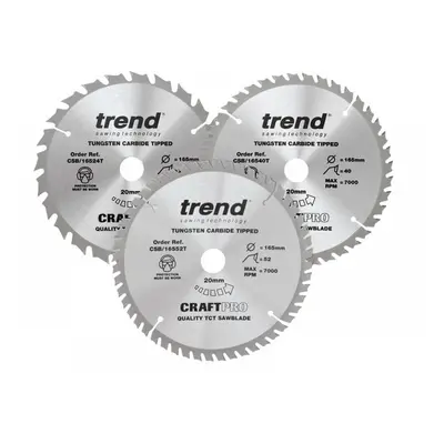 Trend CSB/165/3PK/B Craftpro Cordless Saw Blade 165 X 20Mm X 24T/40T/52T (Pack 3)