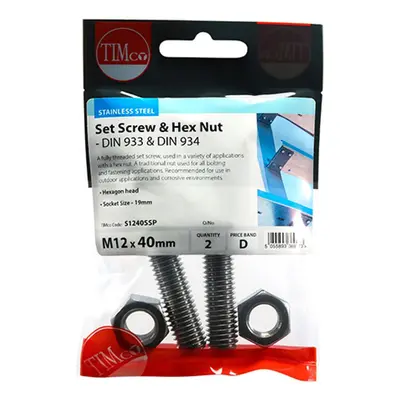 Timco S1240SSP Set Screws & Hex Nuts - Stainless Steel M12 X 40 TIMpac 2