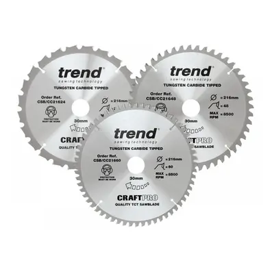 Trend CSB/CC216/3PK Craftpro Mitre Saw Blade 216 X 30Mm X 24T/48T/60T (Pack 3)