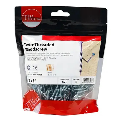 Timco 00081CWZB Twin-Thread Woodscrews - Pz - Double Countersunk - Zinc 8 X 1 TIMbag 470