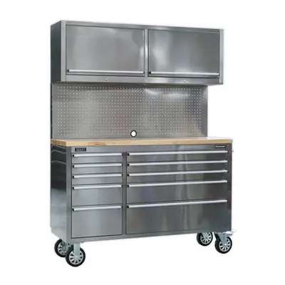 Sealey AP5520SS Mobile Stainless Steel Tool Cabinet 10 Drawer With Backboard & 2 Wall Cupboards