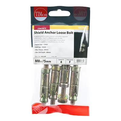 Timco 0825LSHP Shield Anchor Loose Bolts - Yellow M8:25L (M8 X 75) TIMpac 4