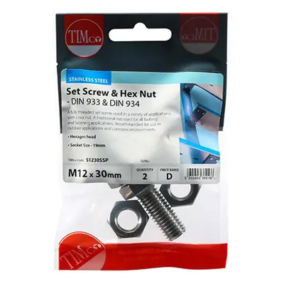 Timco S1230SSP Set Screws & Hex Nuts - Stainless Steel M12 X 30 TIMpac 2