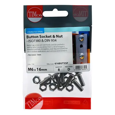 Timco 616BUTSSP Socket Screws & Hex Nuts - Button - Stainless Steel M6 X 16 TIMpac 8