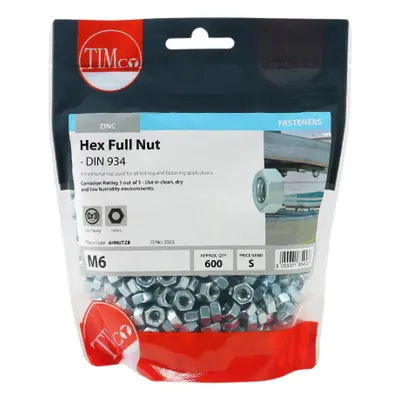 Timco 6HNUTZB Hex Full Nuts - Zinc M6 TIMbag 600