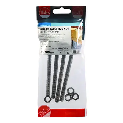 Timco 08100CBSSP Carriage Bolts & Hex Nuts - Stainless Steel M8 X 100 TIMpac 4