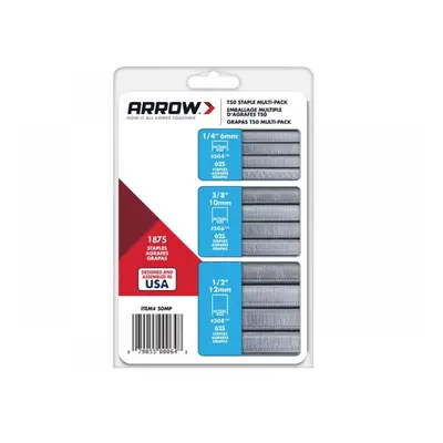 Arrow A50MP T50 Staples Multi Pack 6Mm 10Mm & 12Mm (Box 1875 3 X 625)