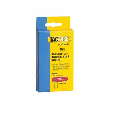 Tacwise 0288 91 Narrow Crown Divergent Point Staples 22Mm - Electric Tackers (Pack 1000)