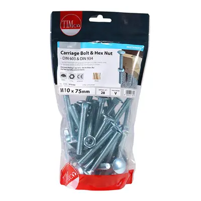 Timco 1075CBB Carriage Bolts & Hex Nuts - Zinc M10 X 75 TIMbag 28