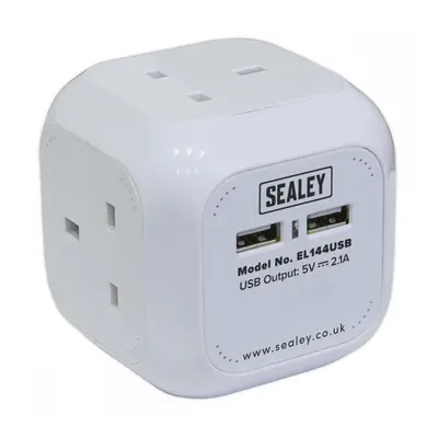 Sealey EL144USB Extension Cable Cube 1.4M 4 X 230V & 2 X Usb Sockets - White