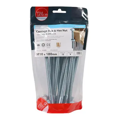 Timco 10180CBB Carriage Bolts & Hex Nuts - Zinc M10 X 180 TIMbag 12