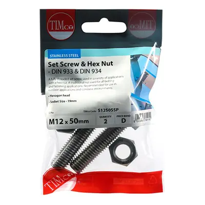 Timco S1250SSP Set Screws & Hex Nuts - Stainless Steel M12 X 50 TIMpac 2