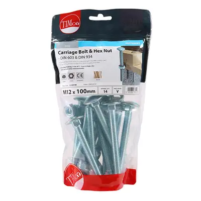 Timco 12100CBB Carriage Bolts & Hex Nuts - Zinc M12 X 100 TIMbag 14