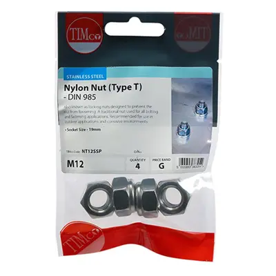 Timco NT12SSP Nylon Nuts - Type T - Stainless Steel M12 TIMpac 4