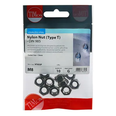 Timco NT8SSP Nylon Nuts - Type T - Stainless Steel M8 TIMpac 10