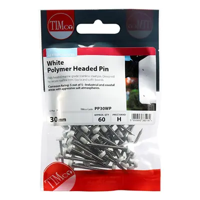 Timco PP30WP Polymer Headed Pins - Stainless Steel - White 30Mm TIMpac 60