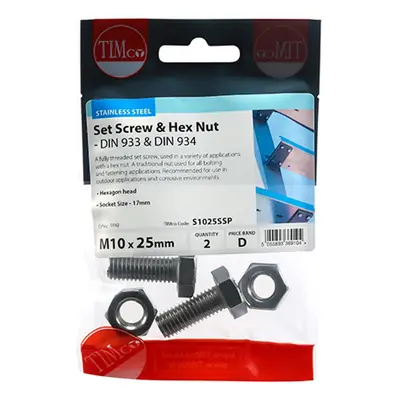 Timco S1025SSP Set Screws & Hex Nuts - Stainless Steel M10 X 25 TIMpac 2