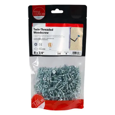 Timco 00834CWZB Twin-Thread Woodscrews - Pz - Double Countersunk - Zinc 8 X 3/4 TIMbag 540