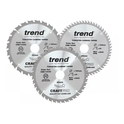 Trend CSB/190/3PK Craftpro Saw Blade 190 X 30Mm X 24T/40T/60T (Pack 3)