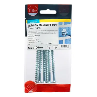 Timco 725863 Masonry Screws - Tx - Countersunk - Zinc 6.0 X 100 TIMpac 6