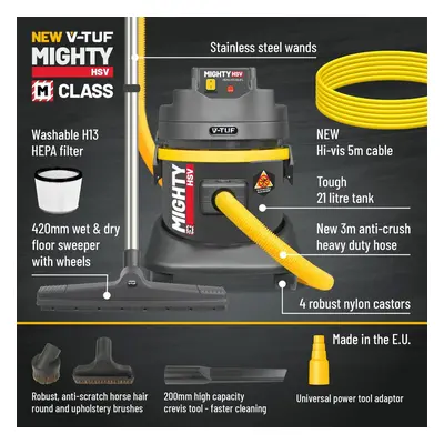 V-Tuf Mighty M-Class Wet & Dry Dust Extractor 21L (110V) Health & Safety Version