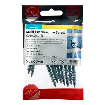 Timco 725375 Masonry Screws - Tx - Countersunk - Zinc 6.0 X 60 TIMpac 10