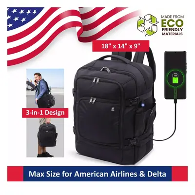 Aerolite 18" x 14" x 9" Carry On Backpack Maximum Size Under Seat Bag Luggage Eco-Friendly Appro