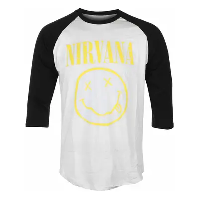 Men's t-shirt with 3/4 sleeves Nirvana - Yellow Happy Face - Wht/BL Raglan - ROCK OFF