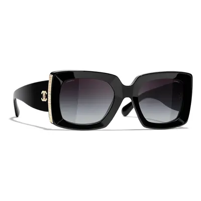 Chanel Woman Sunglass Rectangle Sunglasses CH5435 - Frame color: Black & Gold, Lens color: Grey