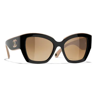 Chanel Woman Sunglass Butterfly Sunglasses CH6058 - Frame color: Black & Beige, Lens color: Bro