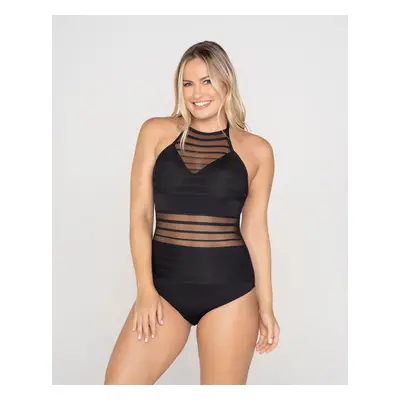 One-Piece Striped Mesh Overlay Slimming Swimsuit