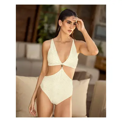 Tie-back plunge monokini with shiny mesh overlay