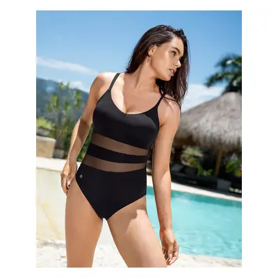 One-Piece Slimming Swimsuit with Mesh Stripe Cutouts