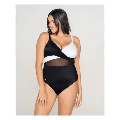 Cross-Front Contrast Graphic One-Piece Slimming Swimsuit