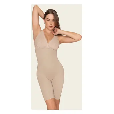 Sheer stripe detail sculpting mid-thigh bodysuit shaper