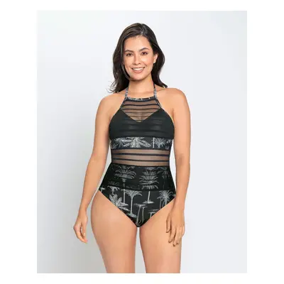 One-Piece Sheer Stripe High-Neck Slimming Swimsuit