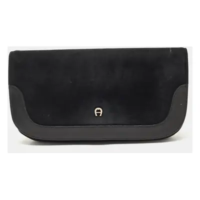 Aigner Black Suede And Leather Logo Flap Clutch