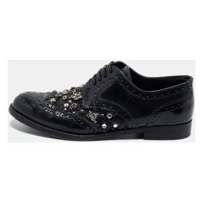 Dolce & Gabbana Black Brogue Leather Studded Embellished Lace Oxfords Size 36.5