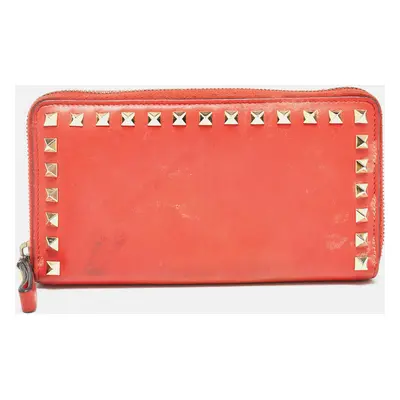 Valentino Red Leather Rockstud Zip Around Continental Wallet